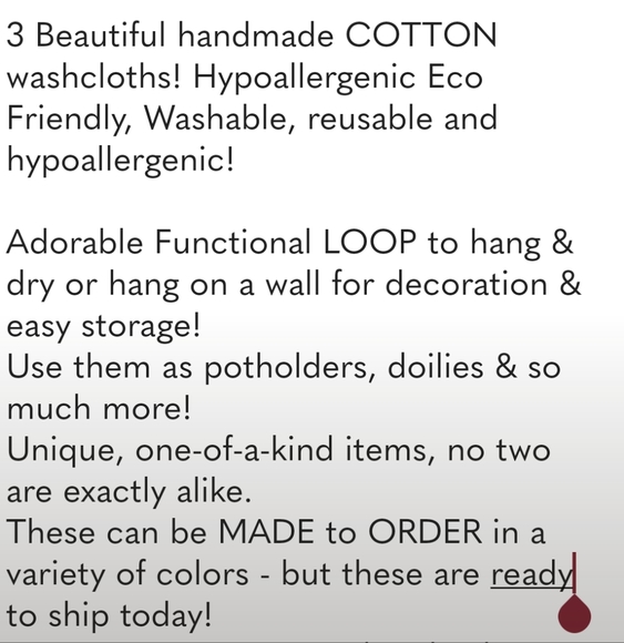 NEW 3 COTTON Washcloths Blue Green w/ Loop Hand Crafted Yarn - Picture 8 of 8